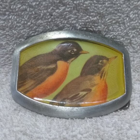 Embedded 2 Birds Enamel Hand Made Painted Buckle r Great Vintage Shape - Picture 1 of 10